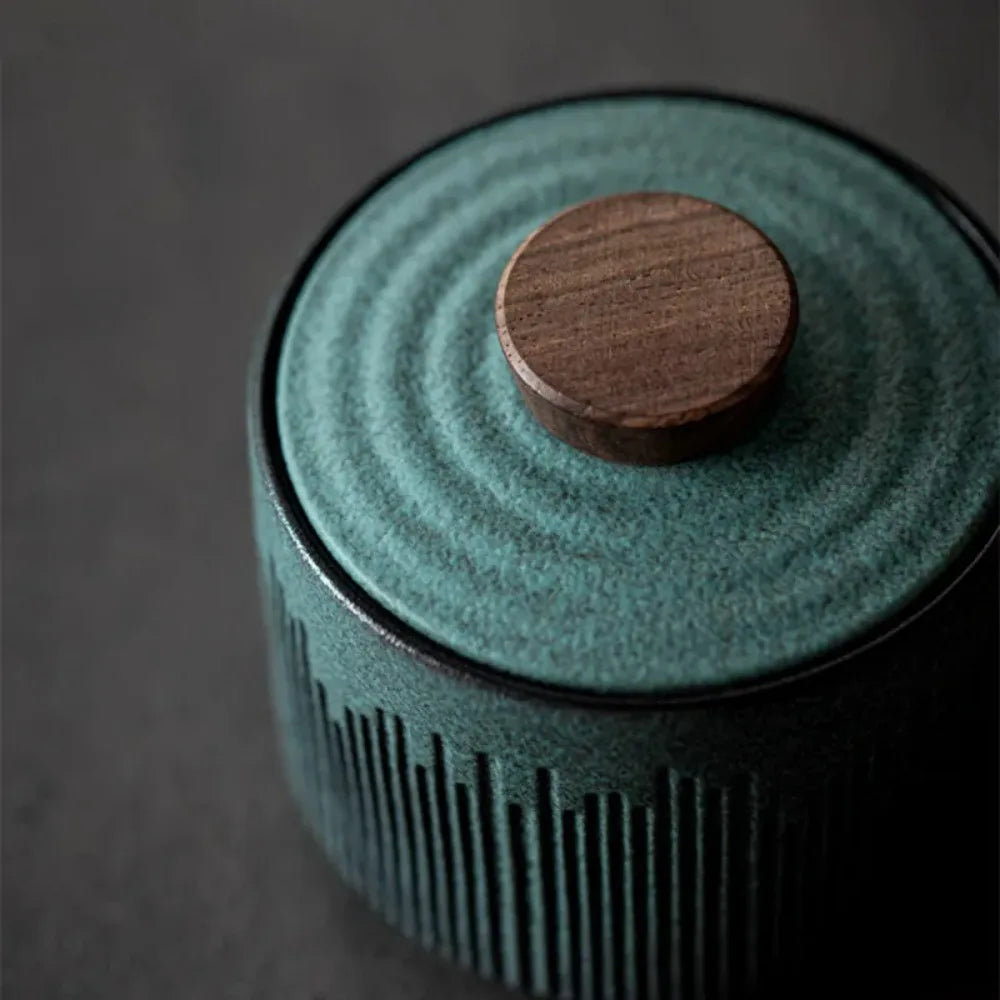 pot thé céramique vert rayures moderne couvercle bois rangement hermétique collations portable