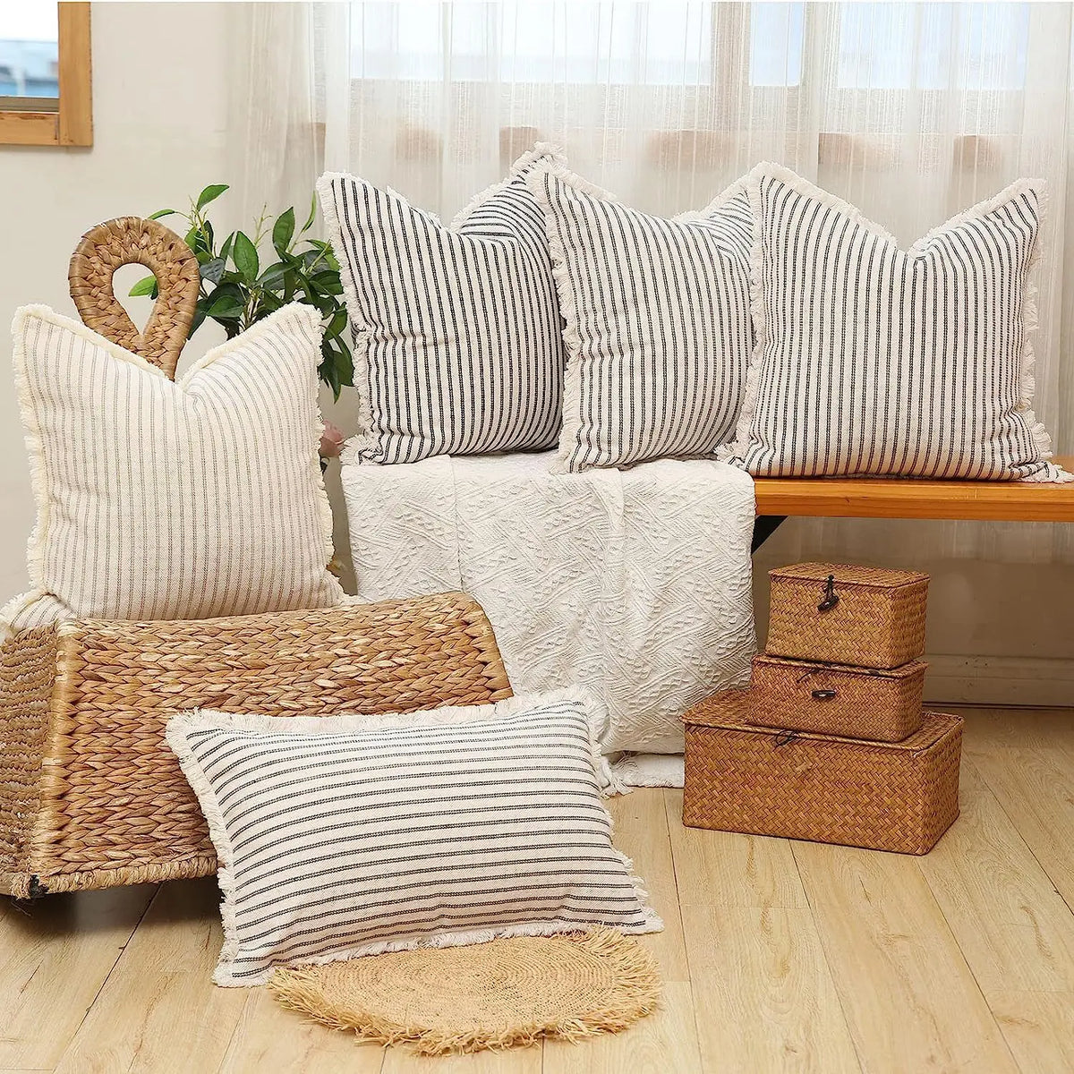 coussin rayé beige noir rustique salon lit decoration maison 45x45cm polyester coton