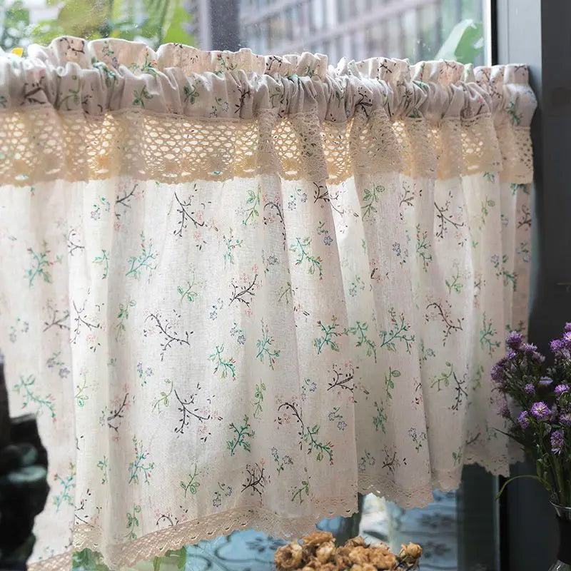 rideau floral lin semi transparent vintage beige clair romantique crocheté cuisine
