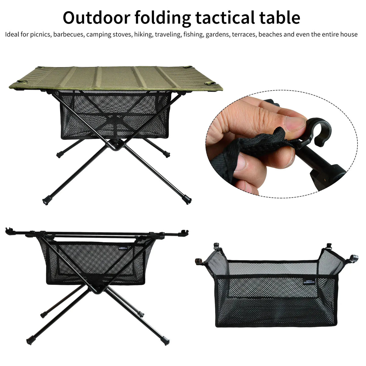 table pliable vert olive maille noire clips extensible rangement moderne camping