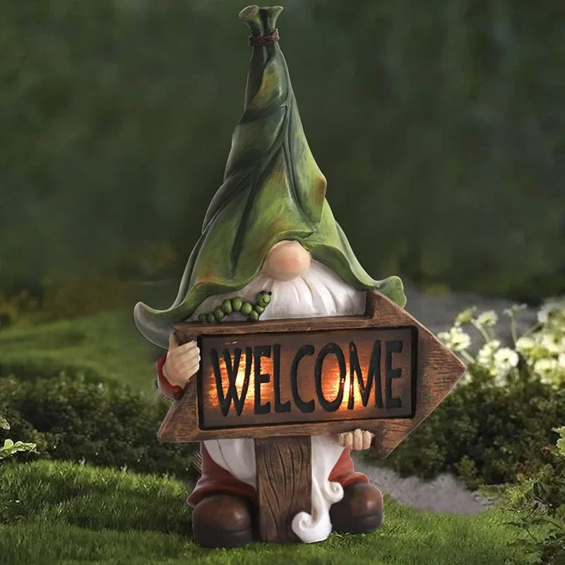 statue gnome jardin extérieur led solaire bienvenue animaux fleurs motifs floraux verte lumineuse