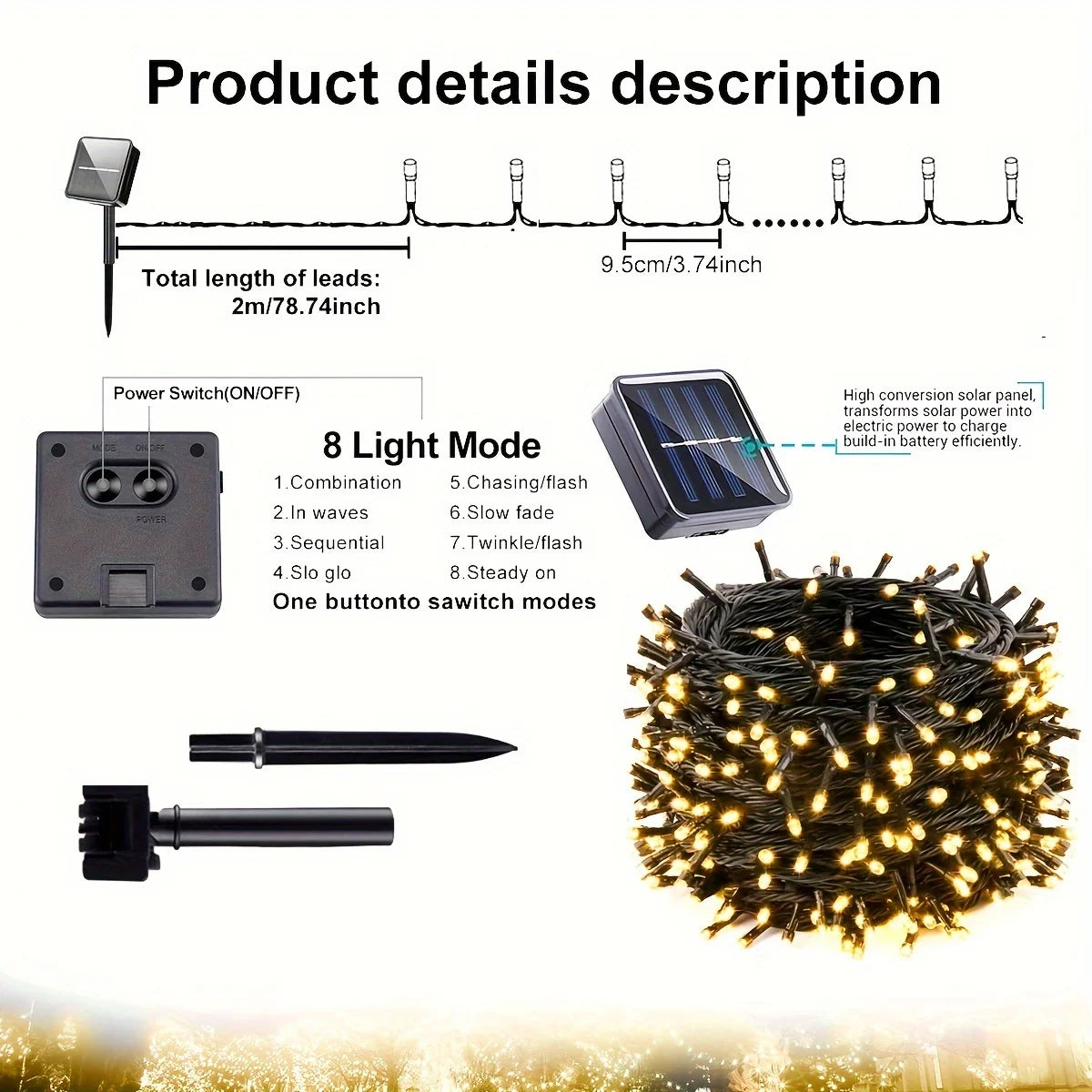 guirlande lumineuse solaire 100 led blanc moderne extérieure ip65 autoinstallation festive décors
