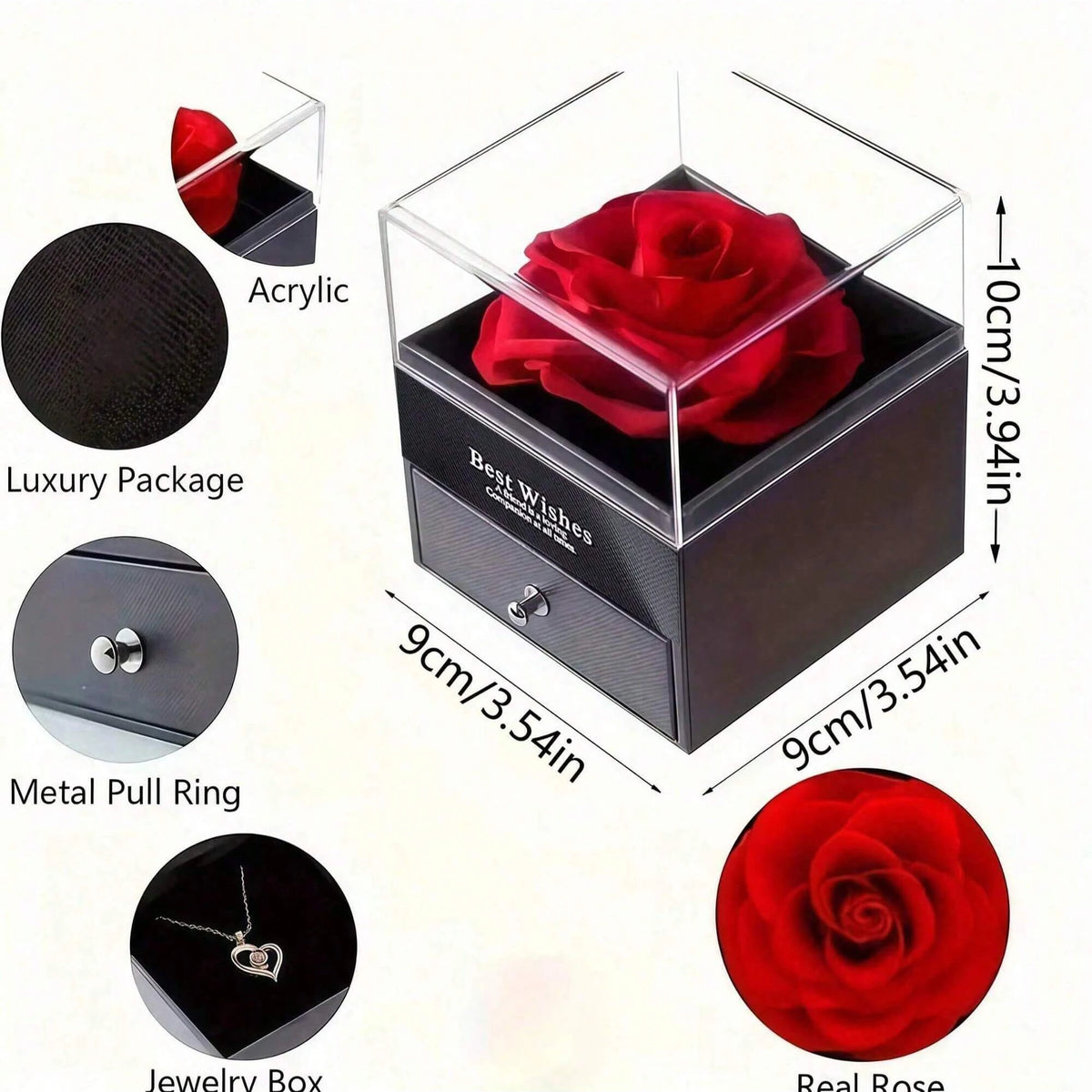 rose préservée coffret transparent tiroir collier sac cadeau rouge noir romantique élégant anniversaire valentin