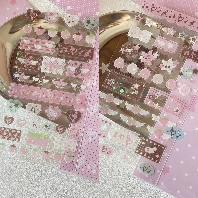 autocollants kawaii adhésifs notes musicales coeurs étoiles fruits géométriques rose blanc marron vert bleu