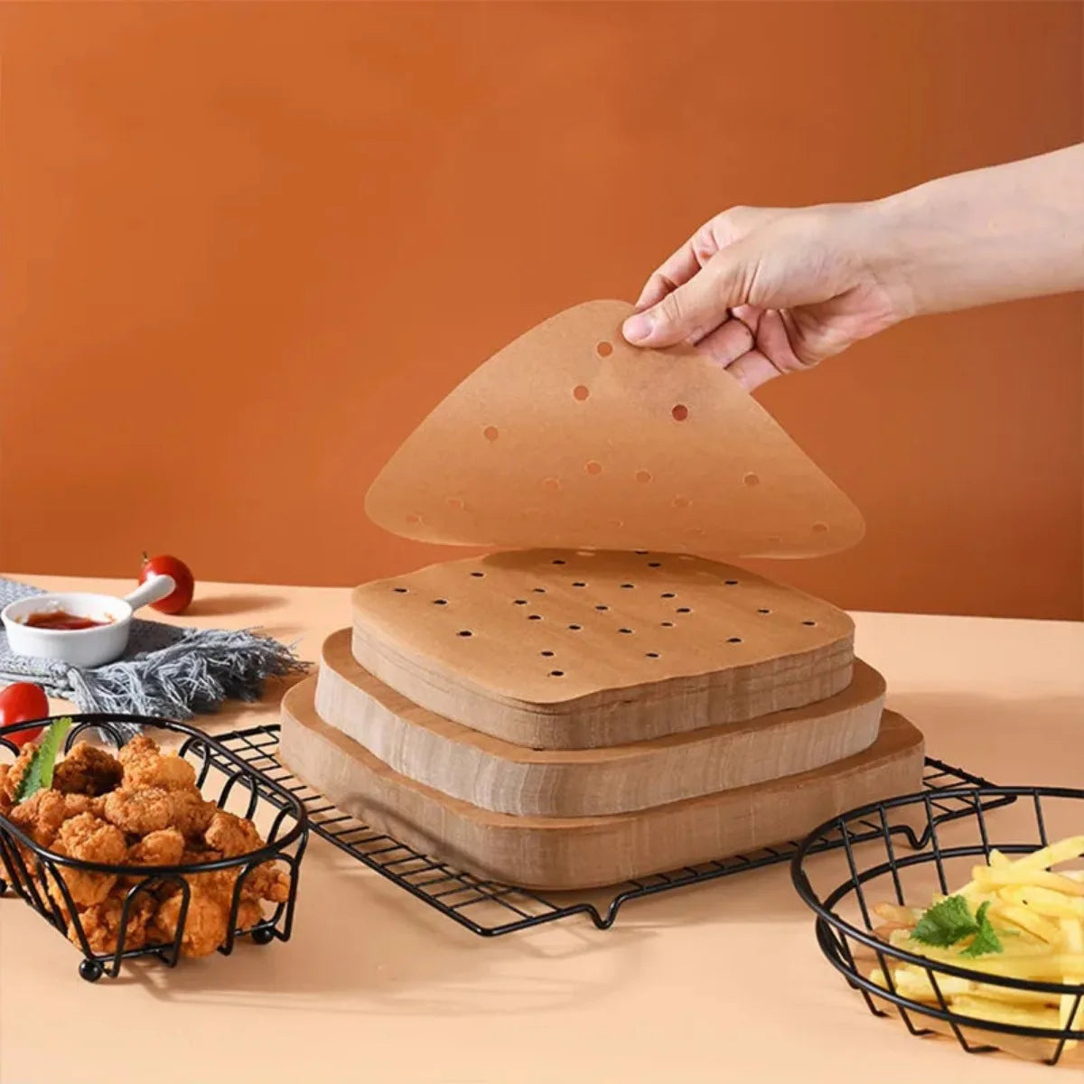 papier cuisson perforé marron clair antiadhésif absorbant huile air fryer baking paper steamer cuisine