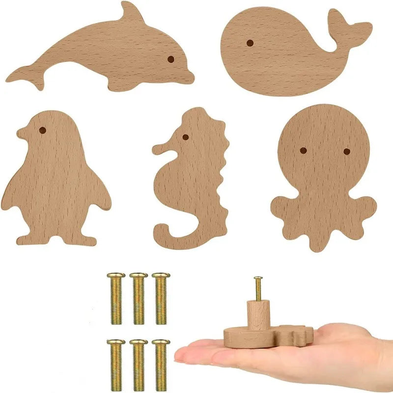 poignées tiroir bois animal marin dauphin pieuvre phoque hippocampe moderne vis chambre enfant decoration