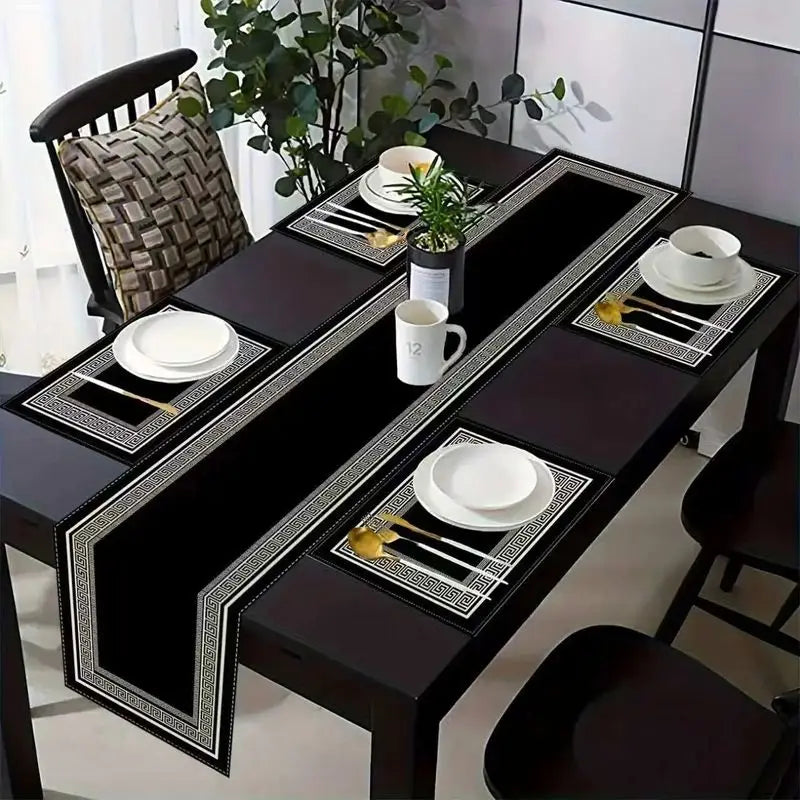 sets table géométriques noirs blancs moderne nappe table runner élégant motifs grecs imperméable résistantextérieur