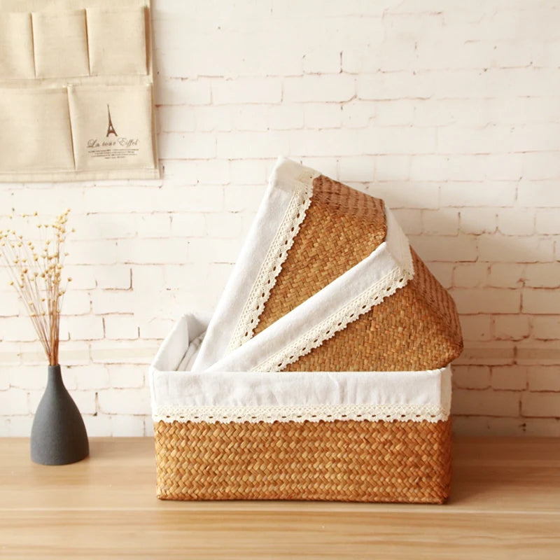 paniers paille naturels panier couvercle poignées métalliques boho chic rustique salon