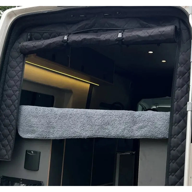 rideau porte arrière noir quilté isolation clips cordon serrage camping car moderne