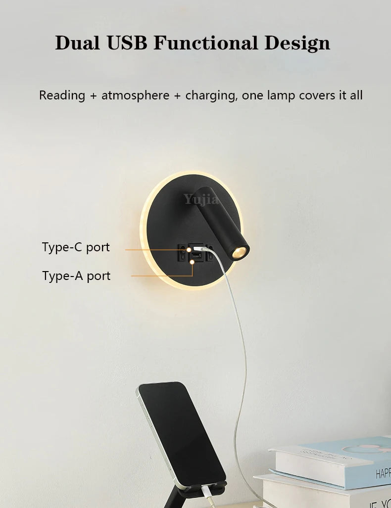 applique murale led moderne ports usb lampes lecture réglables chambre étude
