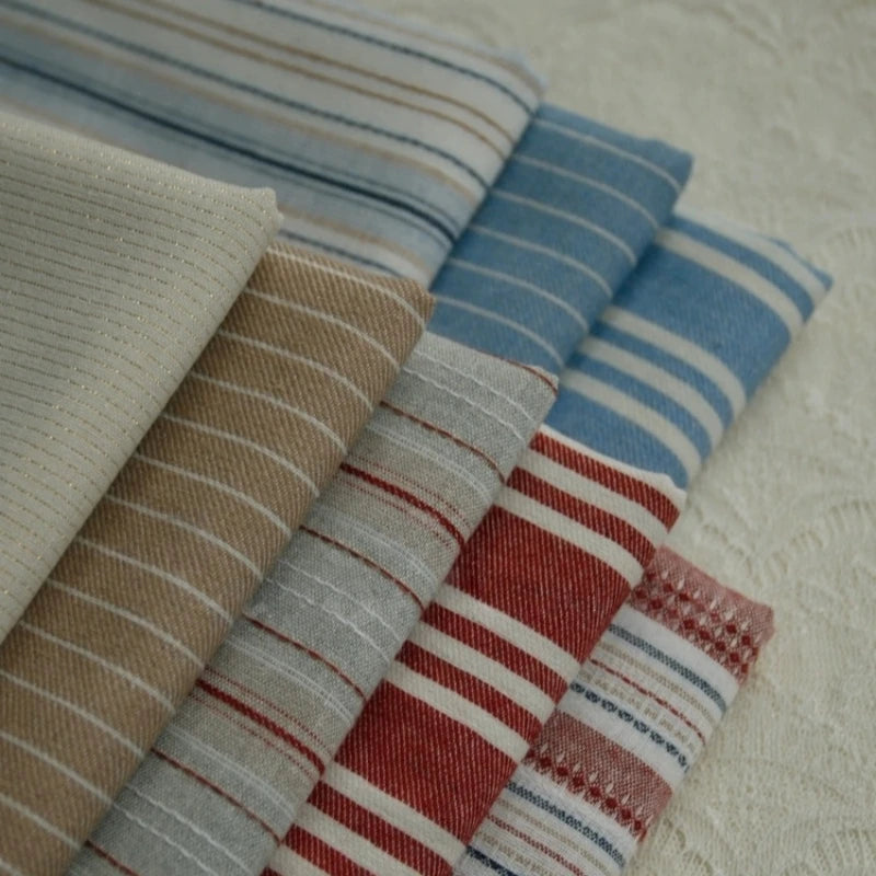 tissu popeline rayé rustique coton lin beige rouge bleu opaque artisanal biodegradable 140cm