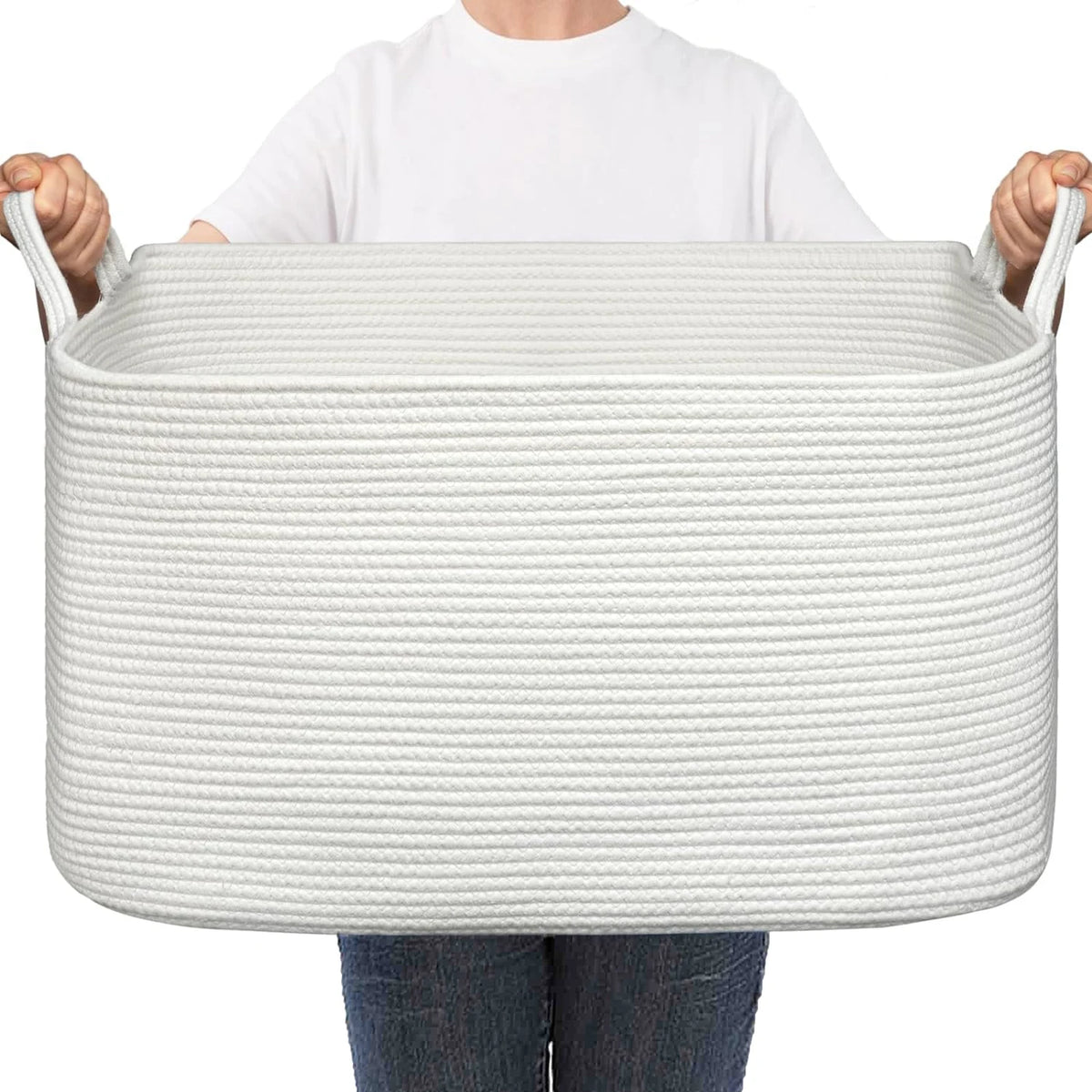 panier rangement polyester blanc rayures horizontales moderne réutilisable 55L poignées organisation linge étagères