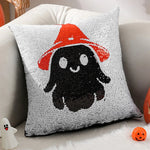 housse coussin halloween fantômes crânes chapeaux sorcière noire blanche orange adhésive carrée polyester 40x40cm