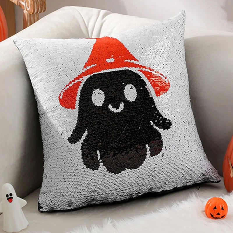 housse coussin halloween fantômes crânes chapeaux sorcière noire blanche orange adhésive carrée polyester 40x40cm