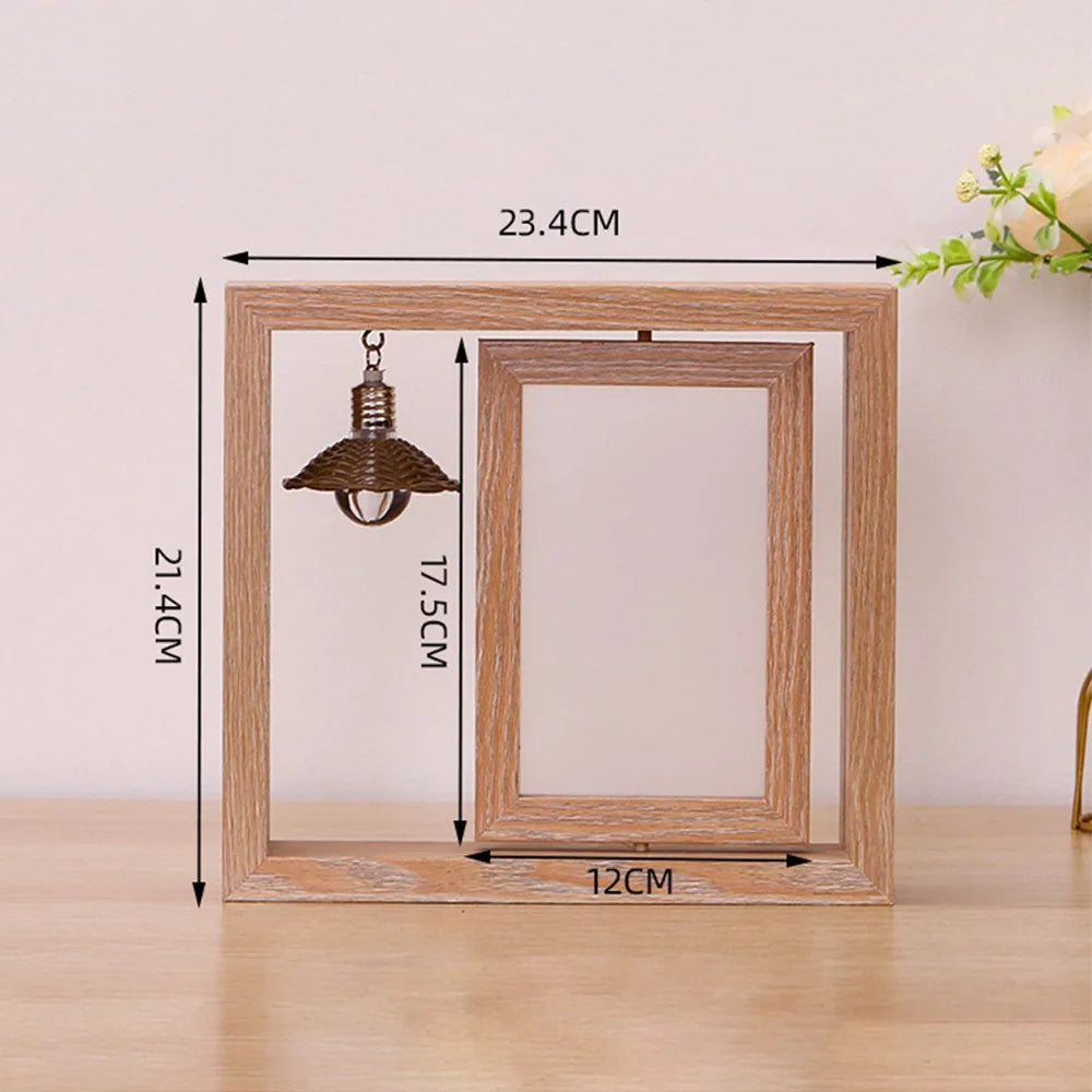 cadre photo double face bois marron rustique suspendu élément décoratif petite lampe cœur bois