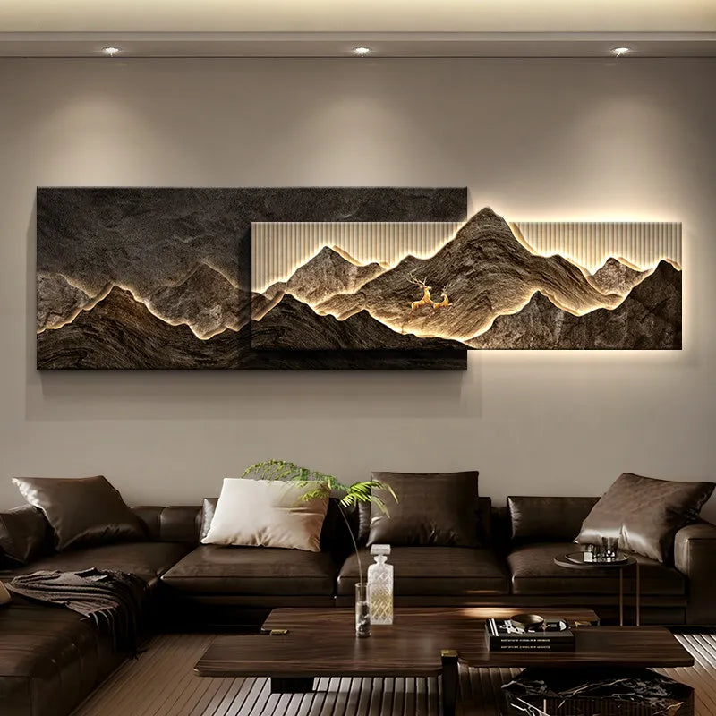 tableaux decoratifs muraux modernes paysagistes cascade arbres effet texturé salon marron foncé