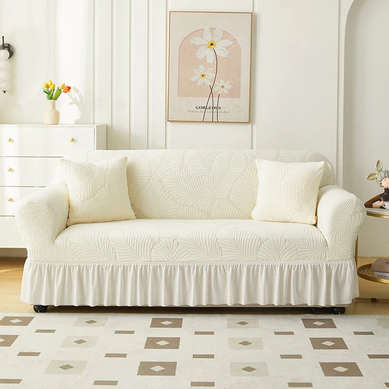 housse canapé jupe motif feuilles jacquard beige vert pastel oreillers assortis