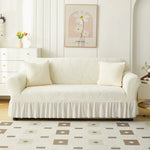 housse canapé jupe motif feuilles jacquard beige vert pastel oreillers assortis