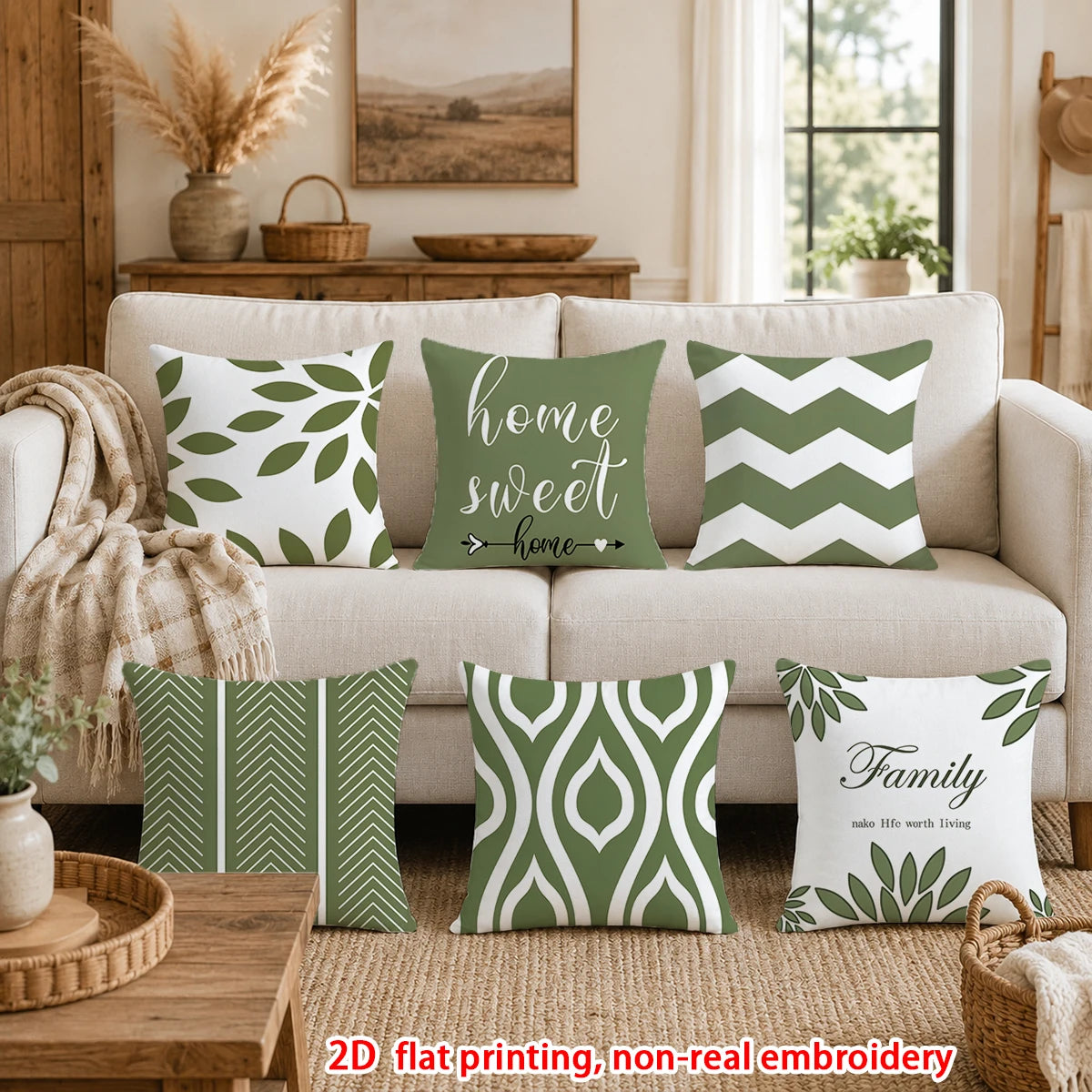 lot housses coussin vert clair motifs géométriques modernes salon maison