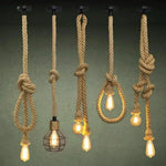 suspension lumineuse industrielle corde nouée marron clair anneaux métalliques ampoules filament décoration intérieure rustique
