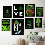 affiche graphique pop art crânes cannabis lettrage noir vert opaque sans cadre