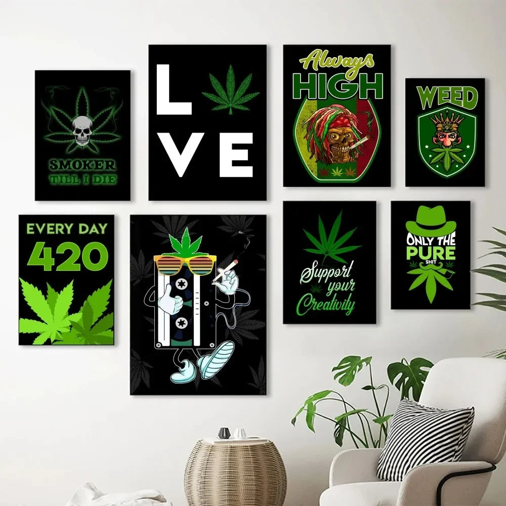 affiche graphique pop art crânes cannabis lettrage noir vert opaque sans cadre