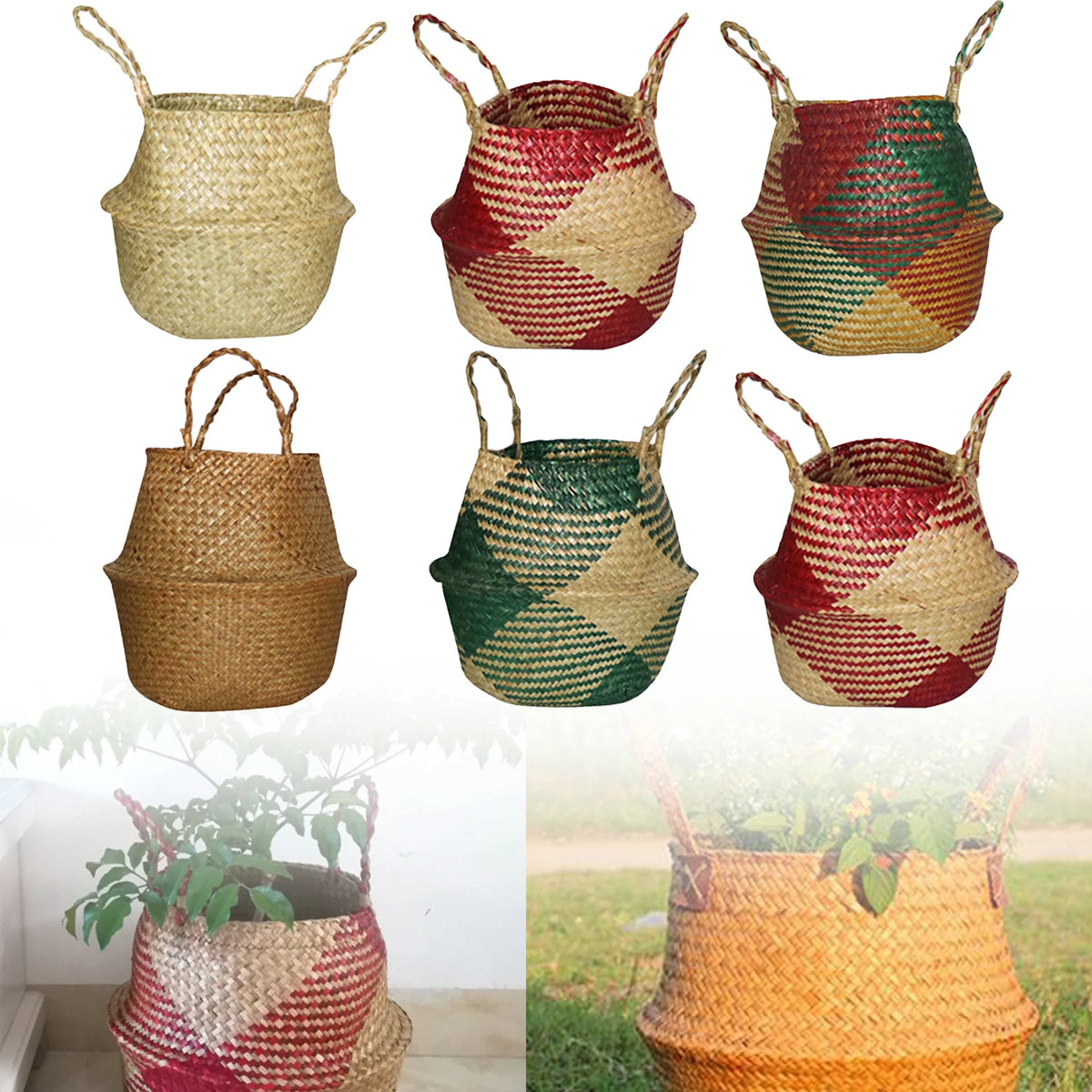 panier tissé fleurs naturel rouge vert orange motifs géométriques rustique.storage ecofriendly