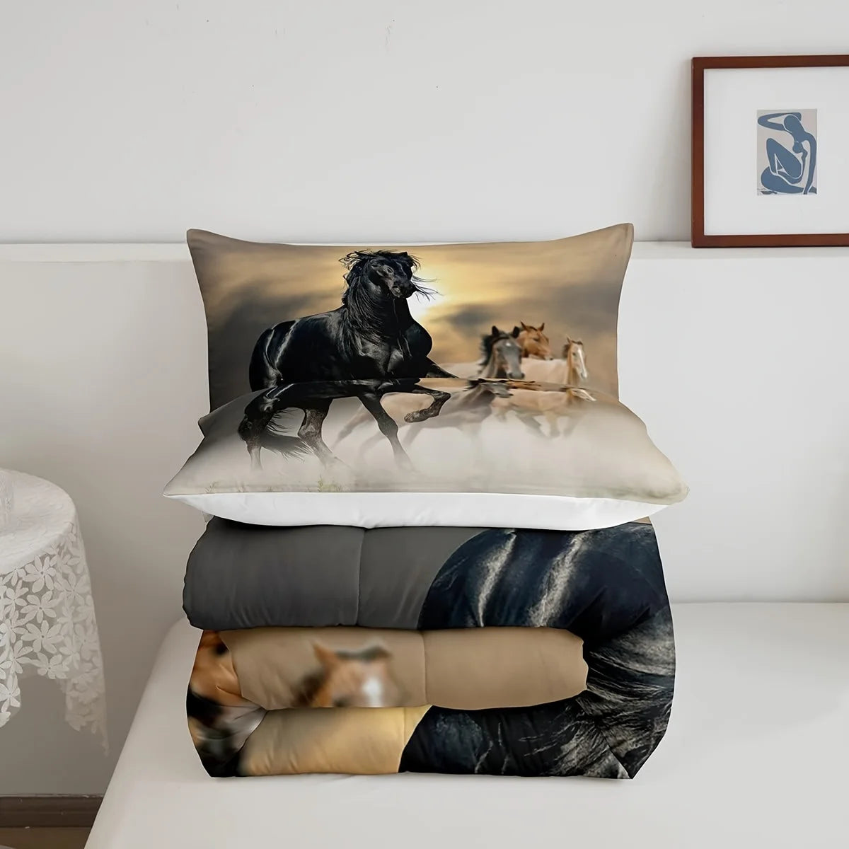ensemble literie impression 3d chevaux moderne noir beige gris literie double queen king