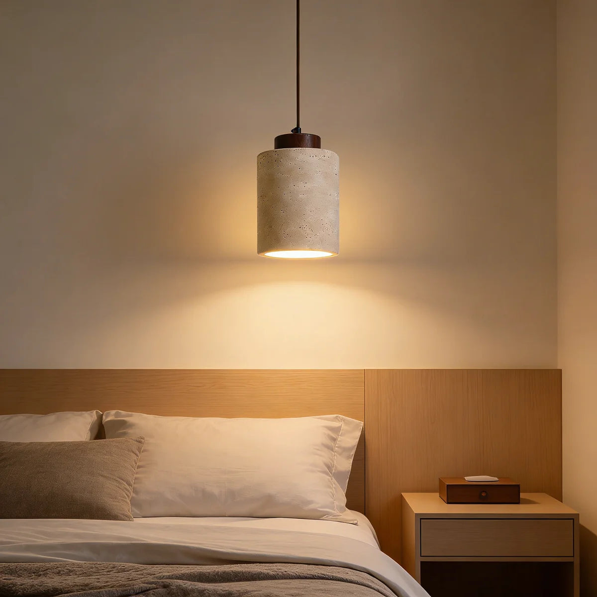 lampe suspendue moderne minimaliste pierre beige brun texture naturelle câble noir salon chambre principal