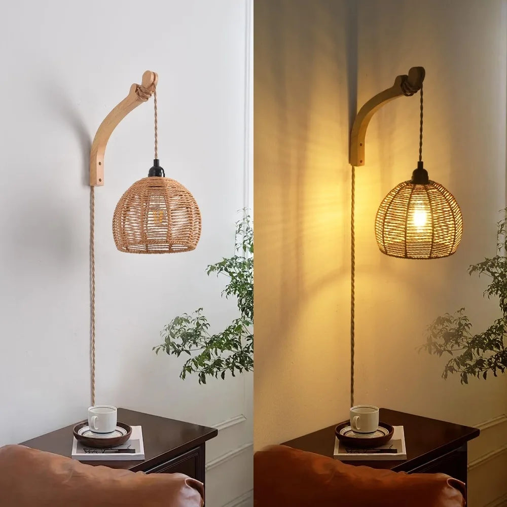 lampe murale suspendue tressée abatjour bois bohème rustique scandinave éclairage quotidien beige clair marronclair