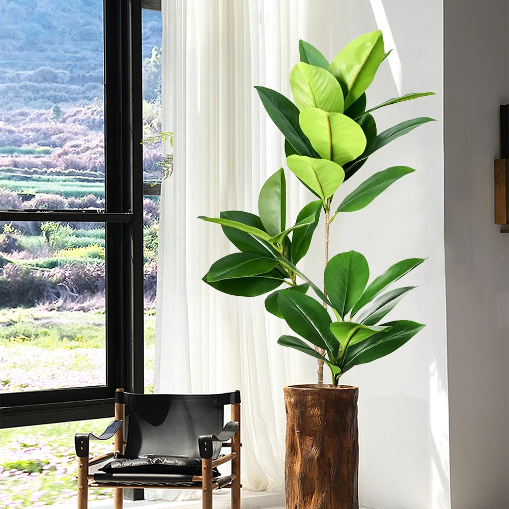 plante artificielle ficus arbuste feuilles magnolias vertes décoration intérieure extérieure pot bois tronc d'arbre