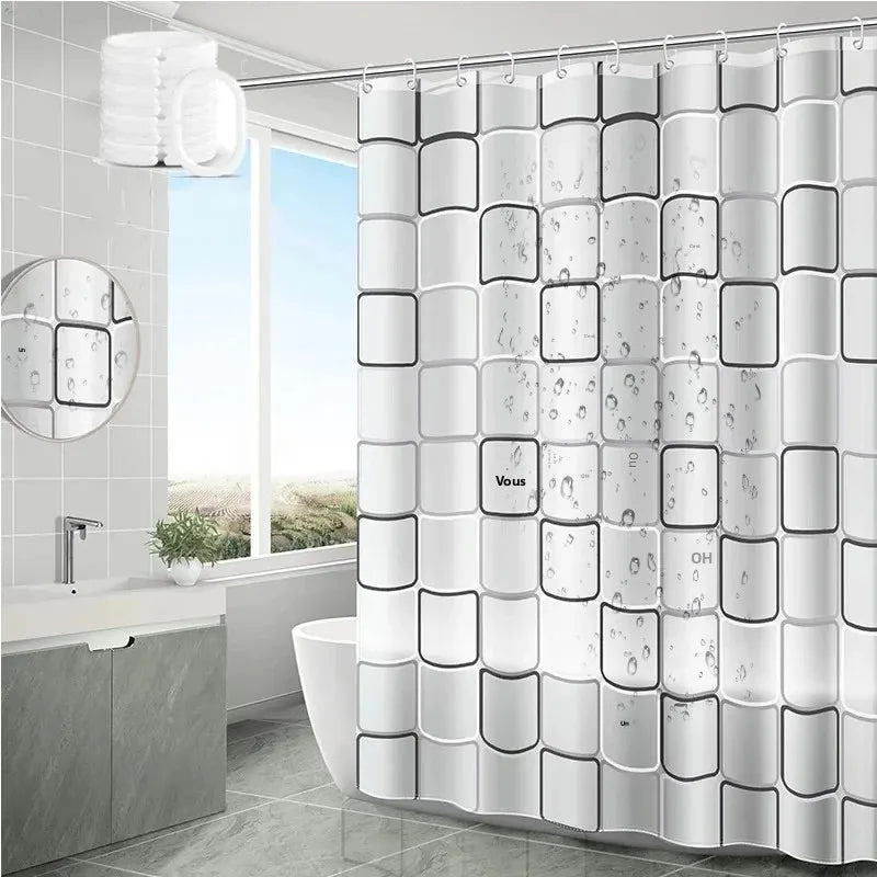 rideau douche moderne blanc noir carreaux géométriques opaque 120x180cm 150x200cm 180x200cm 200x180cm