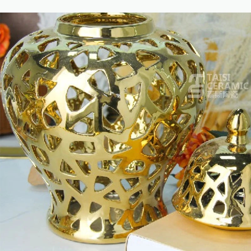 vase moderne or blanc argent réseau géométrique élégant poignée couvercle