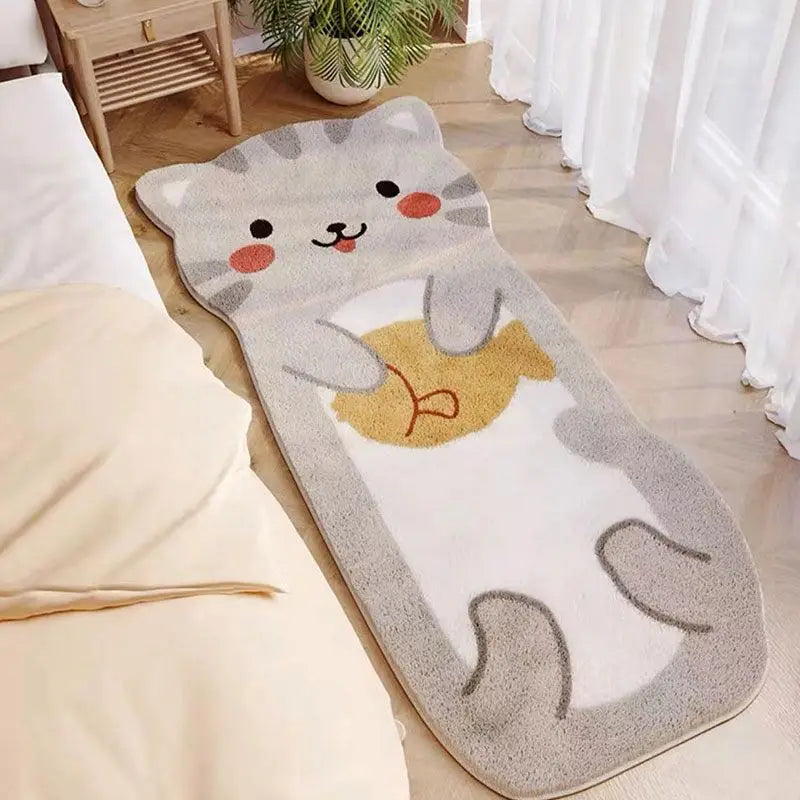 Un tapis de sol doux et pelucheux représentant un chat gris mignon avec des détails amusants.