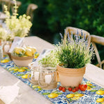 nappe lin bleu jaune motifs citrons géométriques rustique décoration méditerranéenne été printemps hiver noël