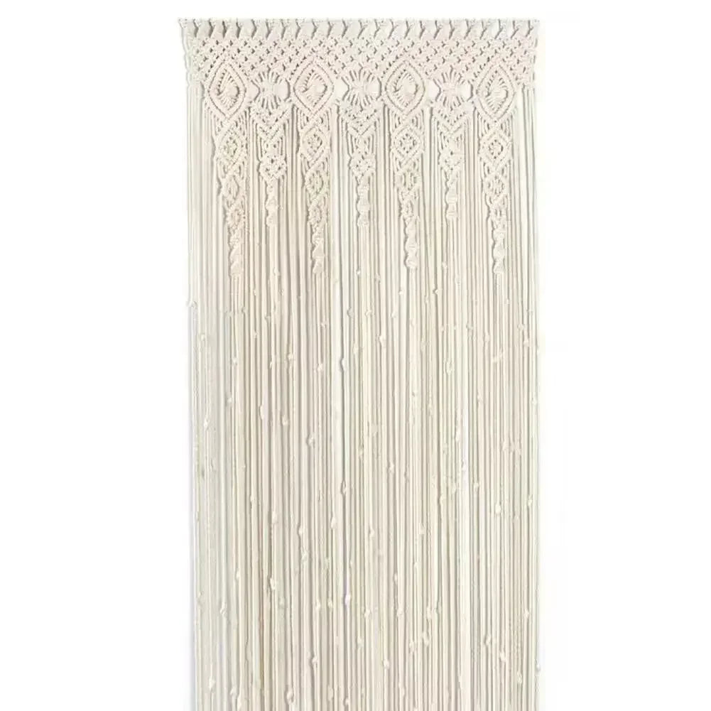 rideau macramé coton beige clair motif géométrique franges boho chic décoration intérieur séparation porte