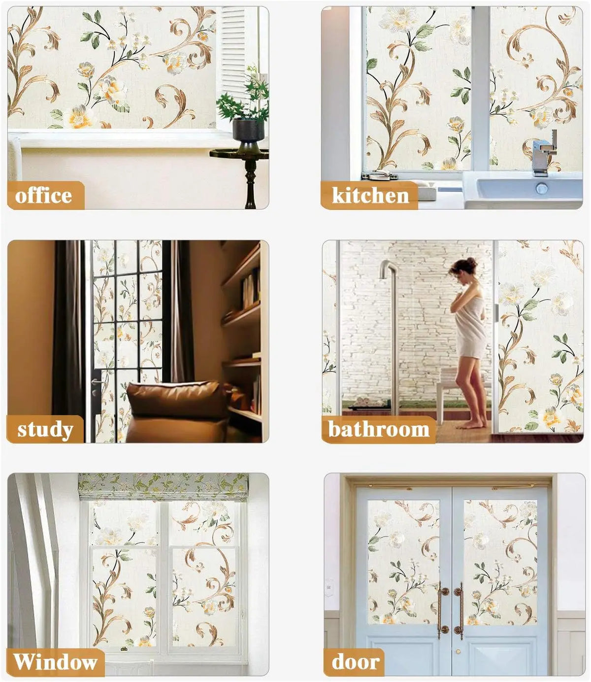 film décoratif floral opaque fenêtres beige doré vert motifs nature adhésif isolation uv protection