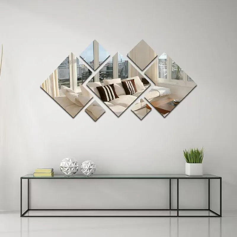 miroir géométrique argenté diamant moderne adhésif chambre salon couloir décoration entrée maison DIY bricolage