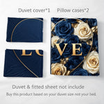 housse couette taies oreiller ensemble literie motif roses love cœur doré romantique bleu doré
