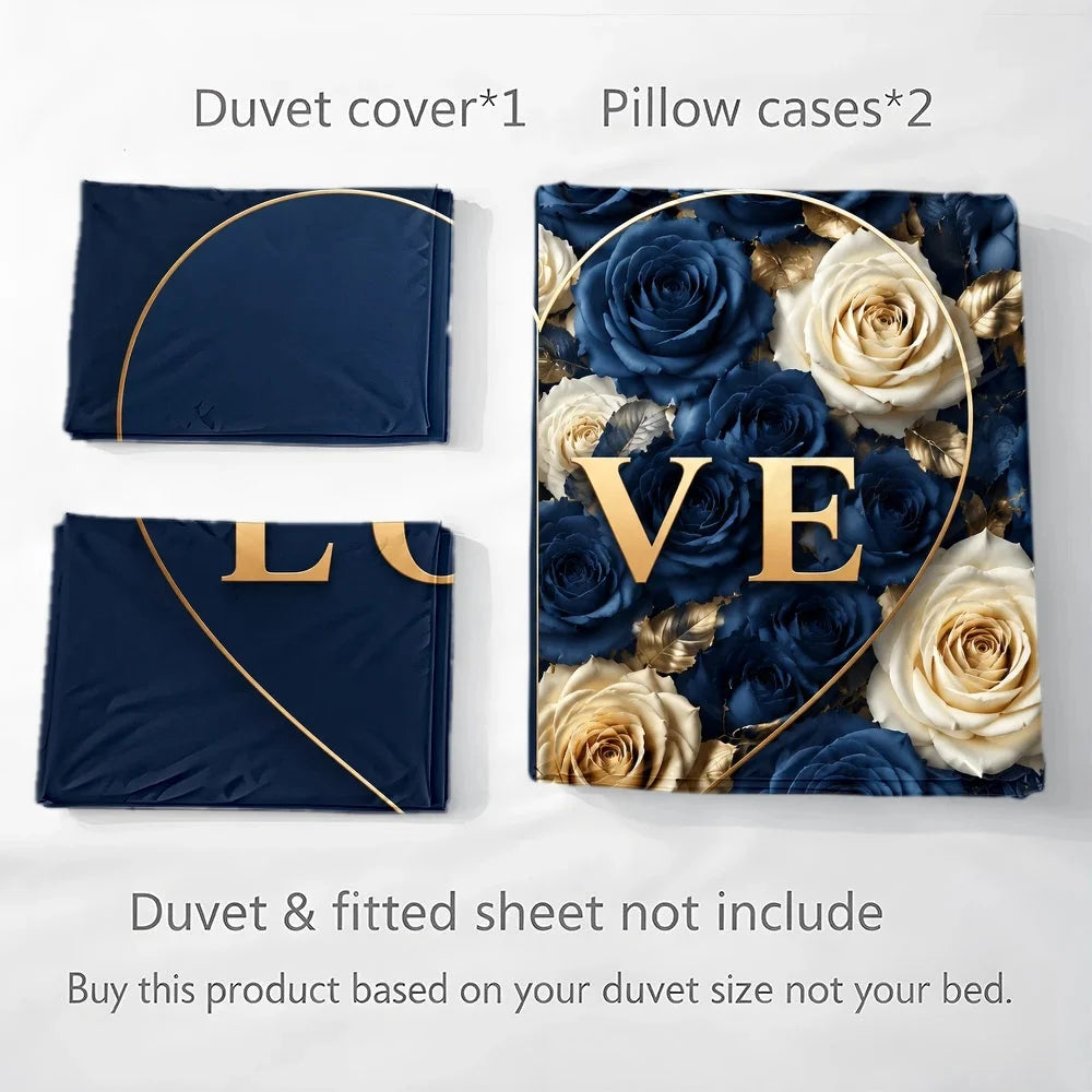 housse couette taies oreiller ensemble literie motif roses love cœur doré romantique bleu doré