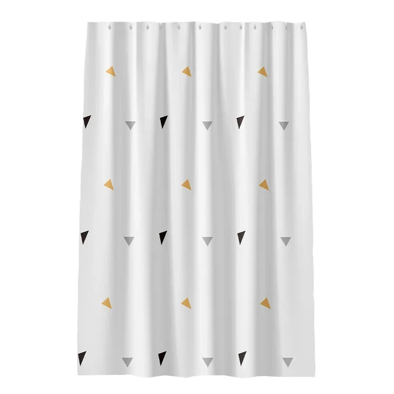 rideau douche moderne motif triangles blancs jaunes imperméable peva opaque anneaux fixations