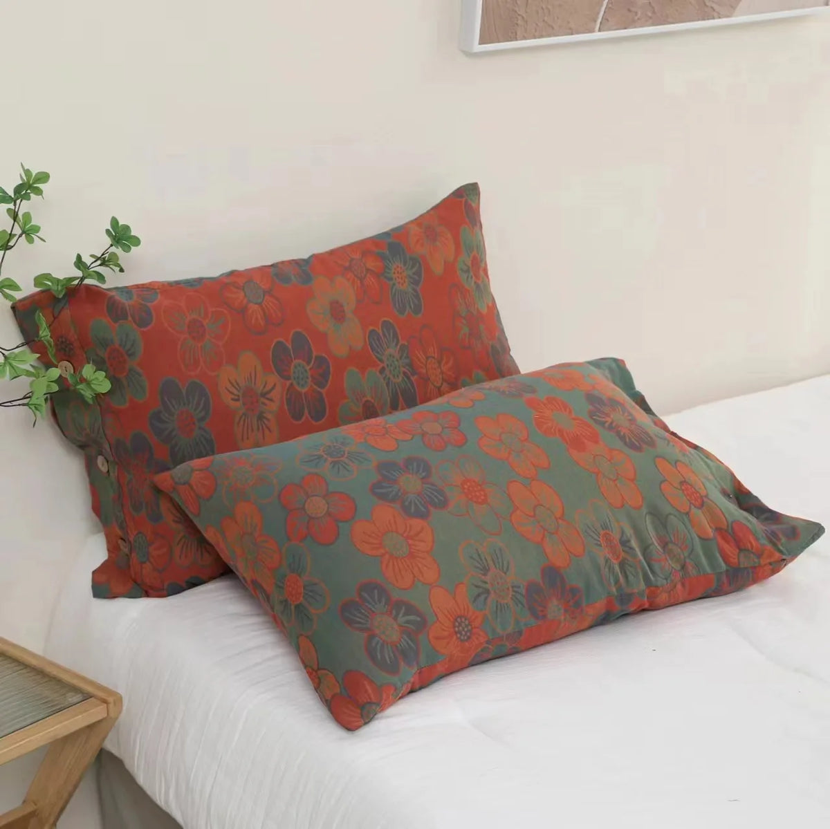 taies d'oreiller coton fleur vintage bleu orange gris décoration lit non toxique écologique