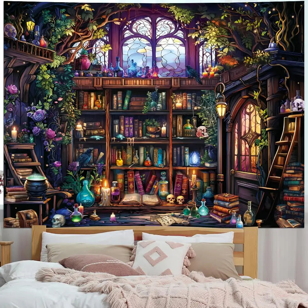 tapisserie murale fantastique multicolore arbres livres potions crânes bougies bibliothèque
