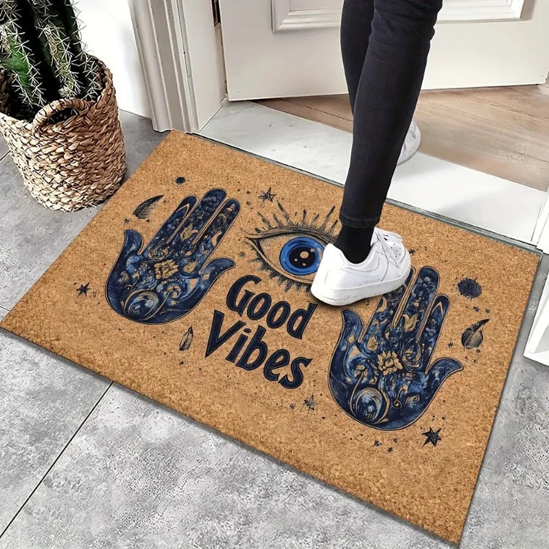 paillasson spiritualité motif mains fatima antidérapant intérieur extérieur beige bleu doré polyester