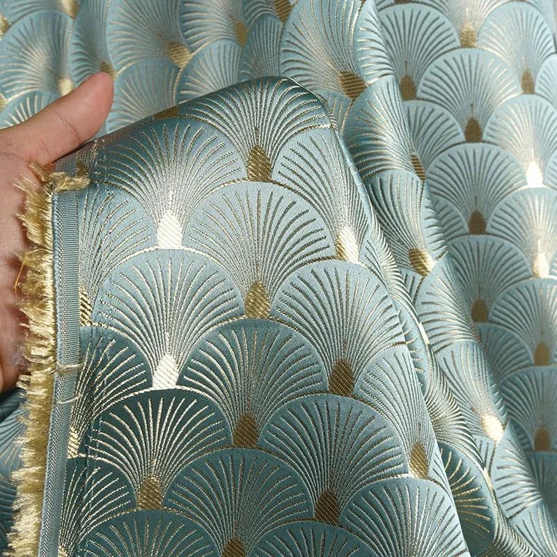 tissu brocart bleu or motifs éventails brillants art déco 150cm large vintage matériaux bricolage