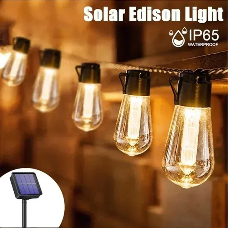 guirlande lumineuse solaire led ampoules edison industrielle vintage 8mètres ip65 decoration extérieure camping jardin