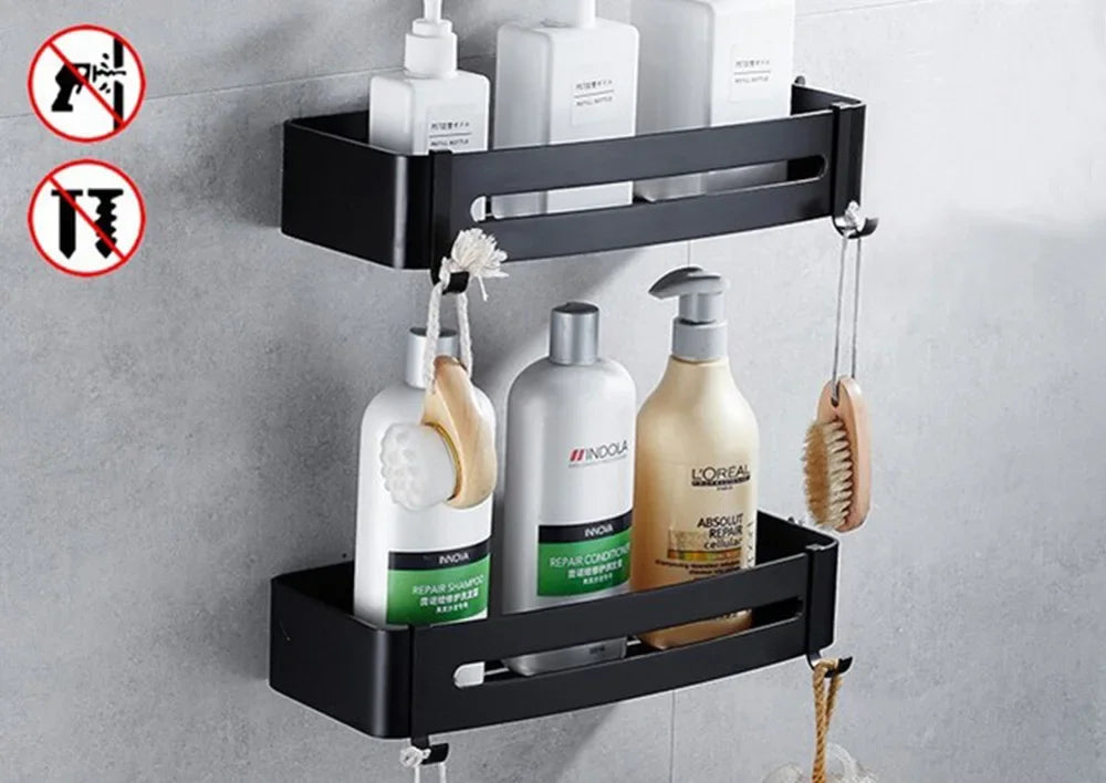 étagère angle moderne noire blanche or adhésive réutilisable salle bain douche trois niveaux fixations