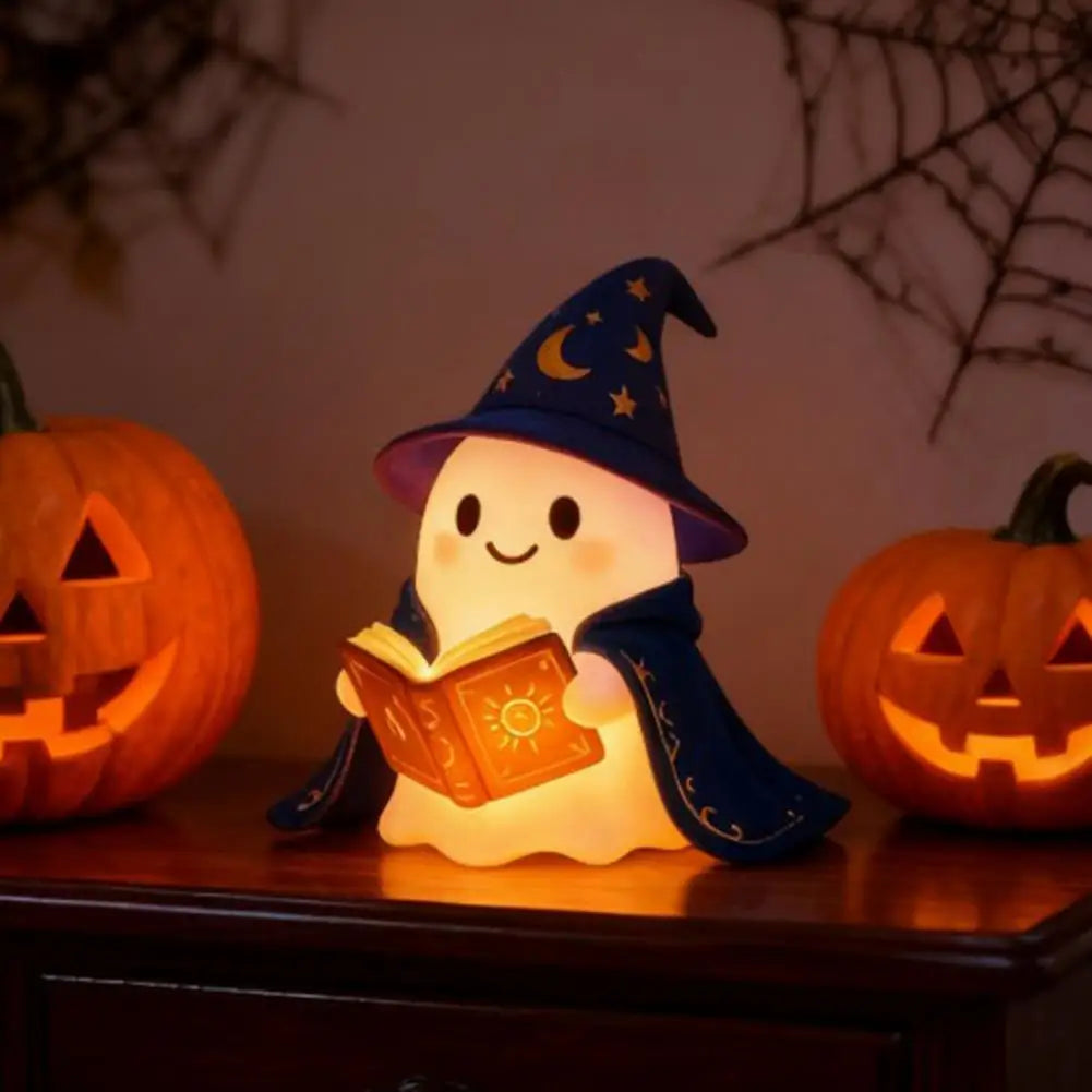 lampe fantôme magicien halloween blanc bleu orange motifs lunaire floral solaire chapeau cape