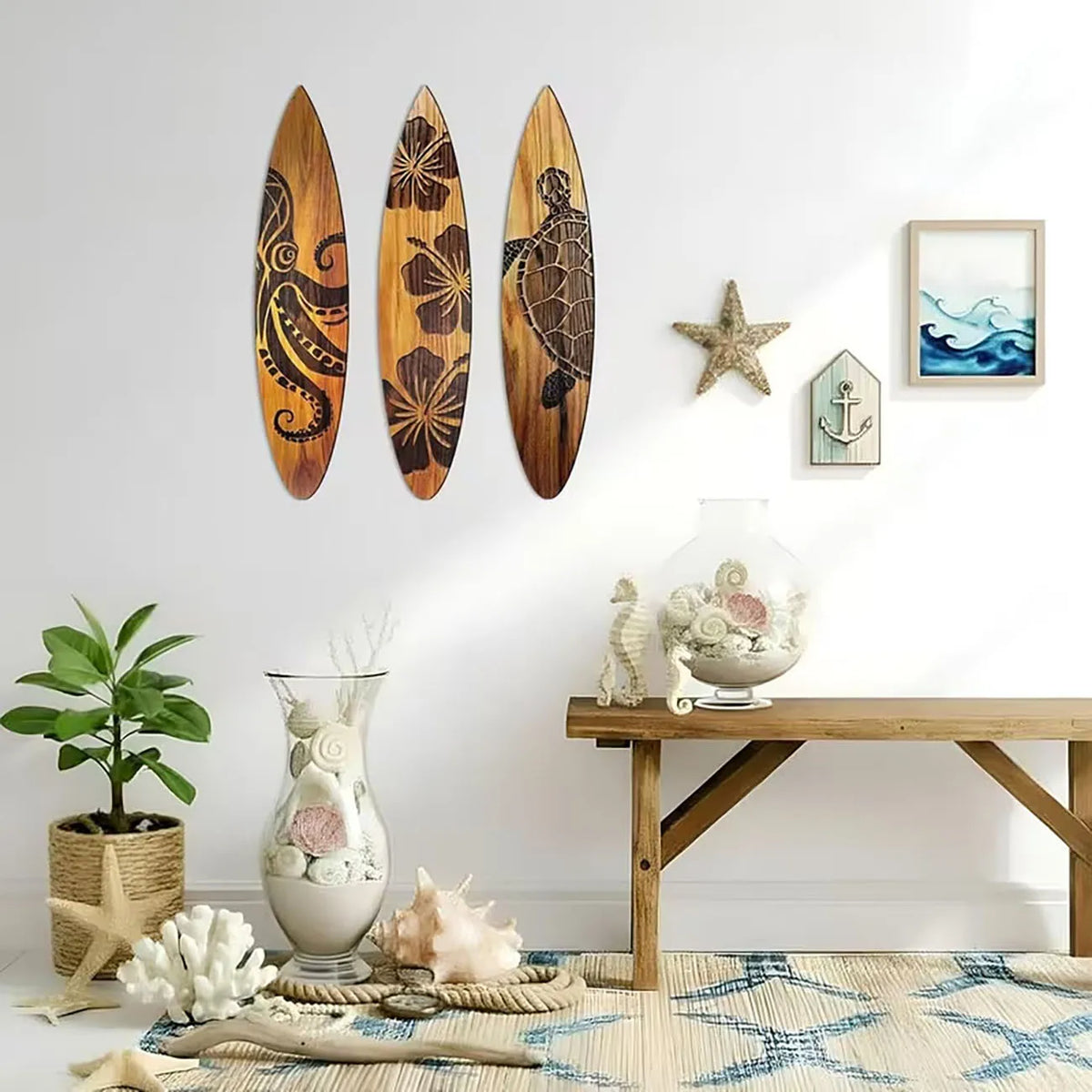 décorations murales surf bois coquillage tortue adhésif nautique maison côtes gravures brunes