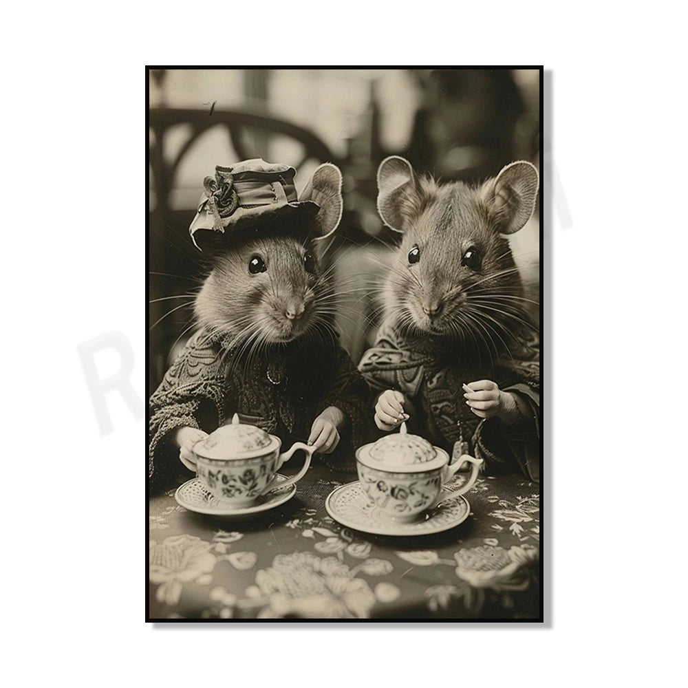 Deux souris élégamment vêtues prenant le thé dans une scène vintage en noir et blanc.